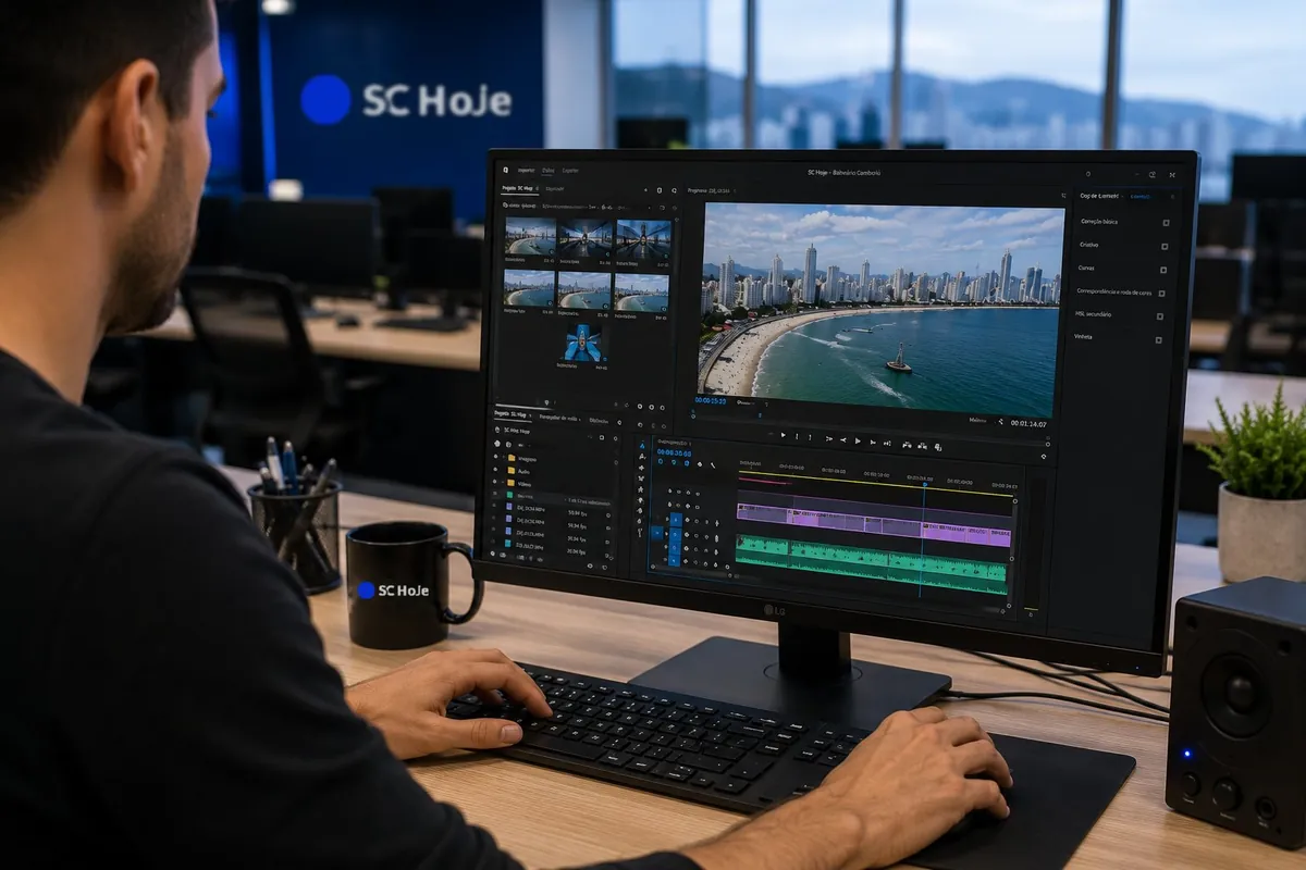 Editor do SC Hoje montando um vídeo com imagens de Balneário Camboriú