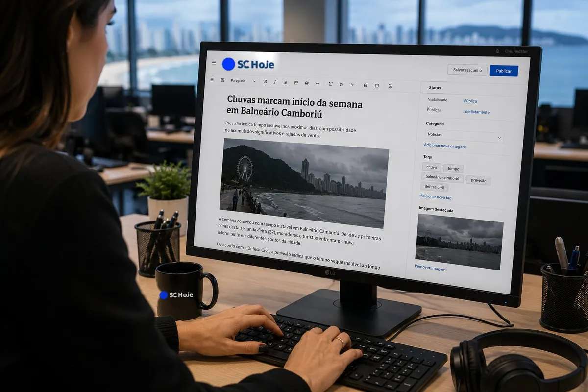 Jornalista do SC Hoje editando uma matéria no computador