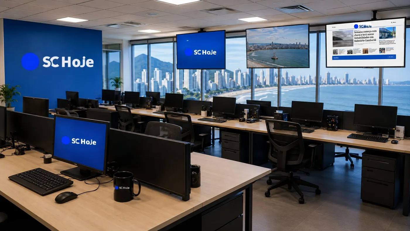 Redação do SC Hoje com computadores, telões e vista para a orla de Balneário Camboriú