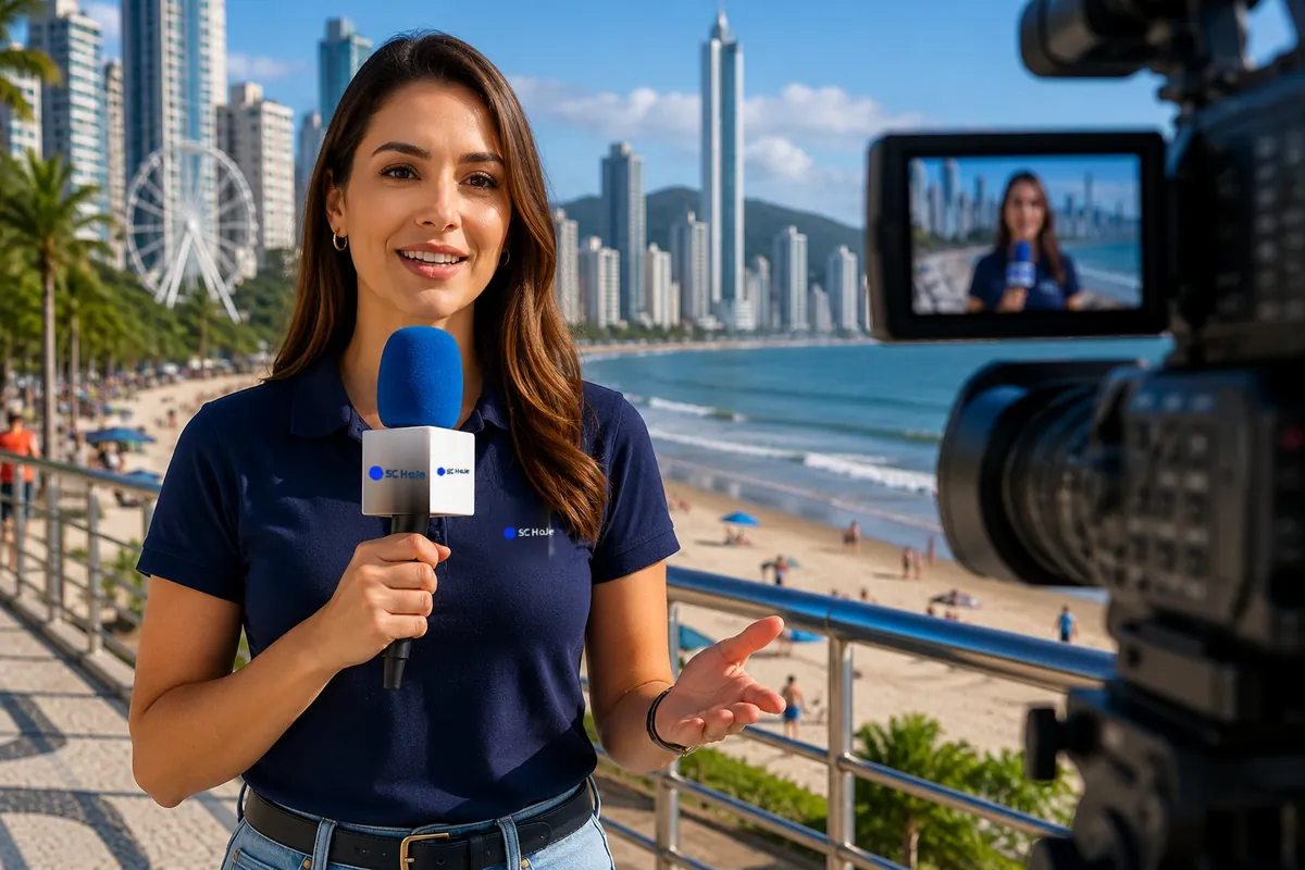 Repórter do SC Hoje gravando na orla de Balneário Camboriú