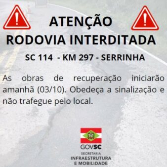 Infraestrutura trabalha para liberar trecho interditado da SC-114, na Serrinha, em São Joaquim