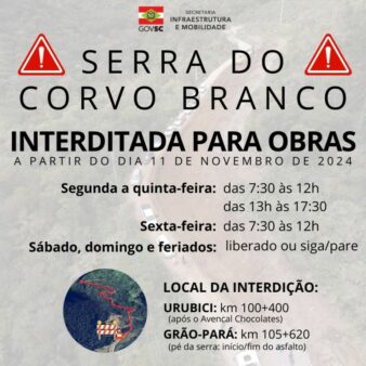 Serra do Corvo Branco será interditada para obras a partir do dia 11 de novembro