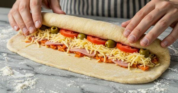 Pão Recheado com Presunto, Queijo, Tomate e Azeitona