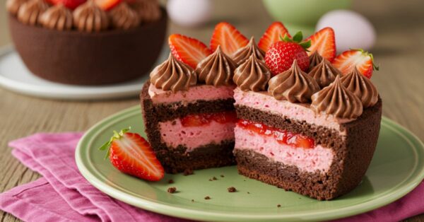 Bolo Gelado de Chocolate com Recheio Cremoso de Sorvete de Morango