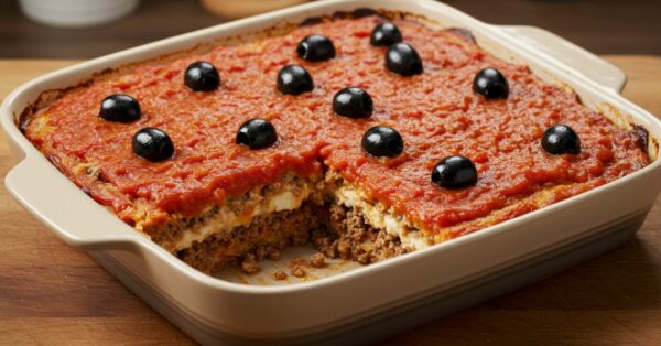 Torta de Carne Moída com Molho de Tomate e Azeitonas