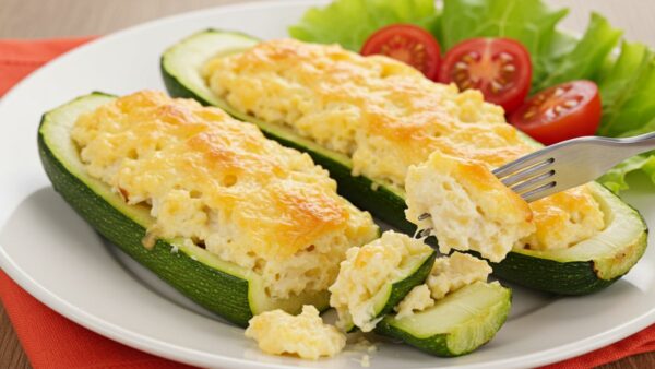 Abobrinha Gratinada Recheada com Cremoso Mix de 3 Queijos