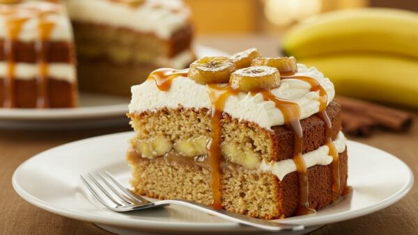 Bolo Espetacular de Banana Caramelizada com Mousse Delicada e Calda de Caramelo