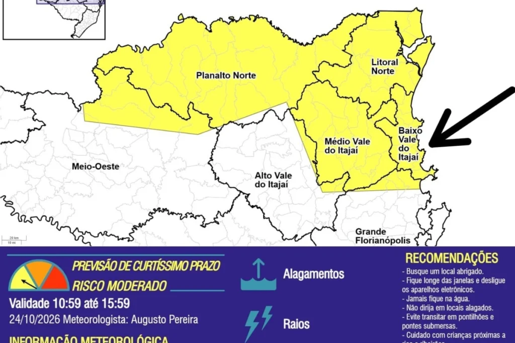 Defesa Civil alerta para chuva com raios e alagamento em BC