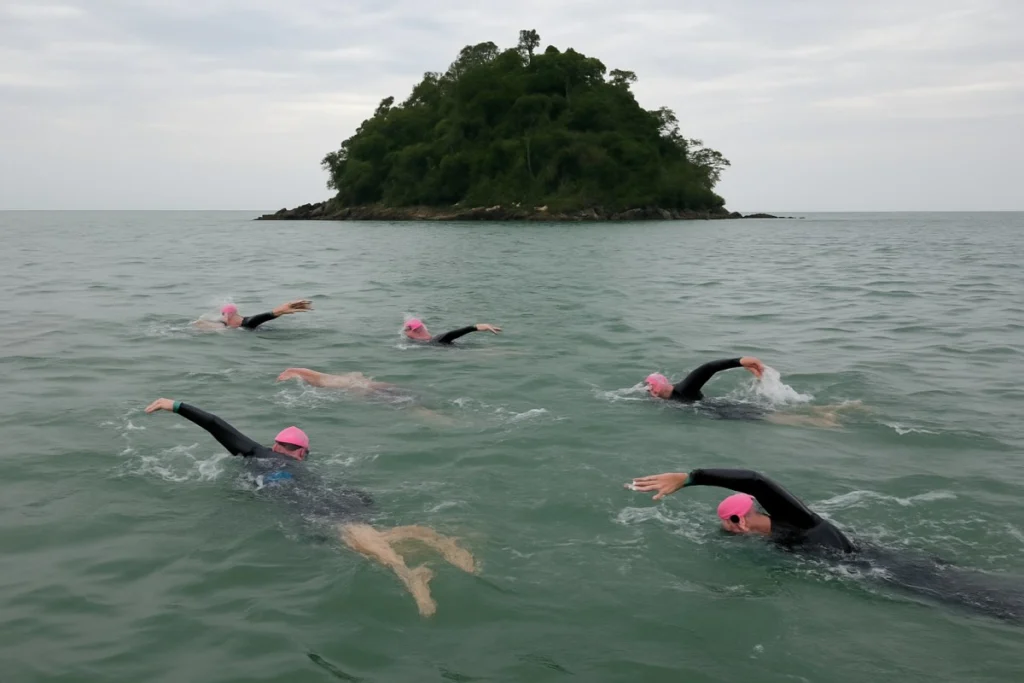 Natação em BC faz ação do Outubro Rosa na Ilha das Cabras